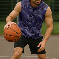 Deep Blue Monstera Sleeveless Hoodie Polynesian Tribal Pattern - Polynesian Pride