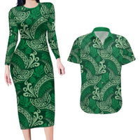 Forest Green Monstera Couples Matching Long Sleeve Bodycon Dress and Hawaiian Shirt Polynesian Tribal Pattern LT01 Green - Polynesian Pride