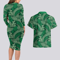 Forest Green Monstera Couples Matching Long Sleeve Bodycon Dress and Hawaiian Shirt Polynesian Tribal Pattern LT01 - Polynesian Pride