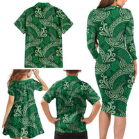 Forest Green Monstera Family Matching Long Sleeve Bodycon Dress and Hawaiian Shirt Polynesian Tribal Pattern LT01 - Polynesian Pride