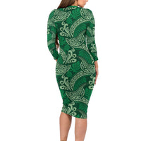 Forest Green Monstera Family Matching Long Sleeve Bodycon Dress and Hawaiian Shirt Polynesian Tribal Pattern LT01 - Polynesian Pride