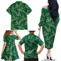Forest Green Monstera Family Matching Off The Shoulder Long Sleeve Dress and Hawaiian Shirt Polynesian Tribal Pattern LT01 - Polynesian Pride