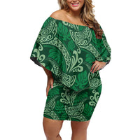 Forest Green Monstera Family Matching Off Shoulder Short Dress and Hawaiian Shirt Polynesian Tribal Pattern LT01 Mom's Dress Green - Polynesian Pride