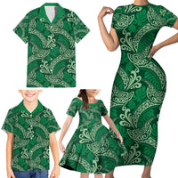 Forest Green Monstera Family Matching Short Sleeve Bodycon Dress and Hawaiian Shirt Polynesian Tribal Pattern LT01 - Polynesian Pride