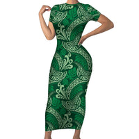 Forest Green Monstera Family Matching Short Sleeve Bodycon Dress and Hawaiian Shirt Polynesian Tribal Pattern LT01 Mom's Dress Green - Polynesian Pride