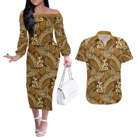 Brown Gold Monstera Couples Matching Off The Shoulder Long Sleeve Dress and Hawaiian Shirt Polynesian Tribal Pattern LT01 Gold - Polynesian Pride