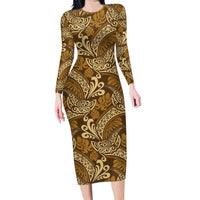 Brown Gold Monstera Family Matching Long Sleeve Bodycon Dress and Hawaiian Shirt Polynesian Tribal Pattern LT01 Mom's Dress Gold - Polynesian Pride