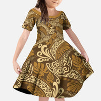 Brown Gold Monstera Family Matching Mermaid Dress and Hawaiian Shirt Polynesian Tribal Pattern LT01 Daughter's Dress Gold - Polynesian Pride