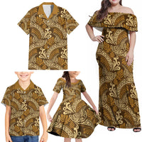Brown Gold Monstera Family Matching Off Shoulder Maxi Dress and Hawaiian Shirt Polynesian Tribal Pattern LT01 - Polynesian Pride