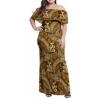 Brown Gold Monstera Family Matching Off Shoulder Maxi Dress and Hawaiian Shirt Polynesian Tribal Pattern LT01 Mom's Dress Gold - Polynesian Pride