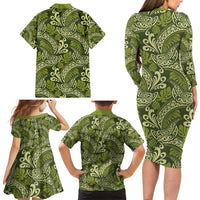 Olive Green Monstera Family Matching Long Sleeve Bodycon Dress and Hawaiian Shirt Polynesian Tribal Pattern LT01 - Polynesian Pride