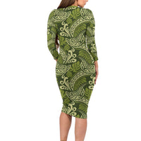 Olive Green Monstera Family Matching Long Sleeve Bodycon Dress and Hawaiian Shirt Polynesian Tribal Pattern LT01 - Polynesian Pride