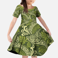 Olive Green Monstera Family Matching Off The Shoulder Long Sleeve Dress and Hawaiian Shirt Polynesian Tribal Pattern LT01 Daughter's Dress Green - Polynesian Pride