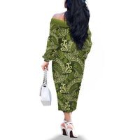 Olive Green Monstera Family Matching Off The Shoulder Long Sleeve Dress and Hawaiian Shirt Polynesian Tribal Pattern LT01 - Polynesian Pride