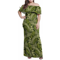 Olive Green Monstera Family Matching Off Shoulder Maxi Dress and Hawaiian Shirt Polynesian Tribal Pattern LT01 Mom's Dress Green - Polynesian Pride