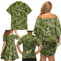 Olive Green Monstera Family Matching Off Shoulder Short Dress and Hawaiian Shirt Polynesian Tribal Pattern LT01 - Polynesian Pride