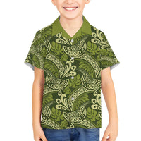 Olive Green Monstera Family Matching Puletasi and Hawaiian Shirt Polynesian Tribal Pattern - Polynesian Pride