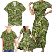 Olive Green Monstera Family Matching Short Sleeve Bodycon Dress and Hawaiian Shirt Polynesian Tribal Pattern LT01 - Polynesian Pride