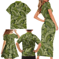 Olive Green Monstera Family Matching Short Sleeve Bodycon Dress and Hawaiian Shirt Polynesian Tribal Pattern LT01 - Polynesian Pride