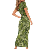 Olive Green Monstera Family Matching Short Sleeve Bodycon Dress and Hawaiian Shirt Polynesian Tribal Pattern LT01 - Polynesian Pride