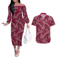 Sweet Pink Monstera Couples Matching Off The Shoulder Long Sleeve Dress and Hawaiian Shirt Polynesian Tribal Pattern LT01 Pink - Polynesian Pride