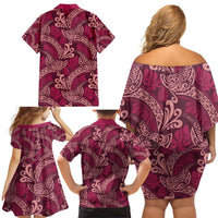 Sweet Pink Monstera Family Matching Off Shoulder Short Dress and Hawaiian Shirt Polynesian Tribal Pattern LT01 - Polynesian Pride