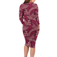 Sweet Pink Monstera Long Sleeve Bodycon Dress Polynesian Tribal Pattern - Polynesian Pride