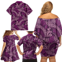 Royal Purple Monstera Family Matching Off Shoulder Short Dress and Hawaiian Shirt Polynesian Tribal Pattern LT01 - Polynesian Pride