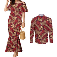 Luxury Red Monstera Couples Matching Mermaid Dress and Long Sleeve Button Shirt Polynesian Tribal Pattern - Polynesian Pride