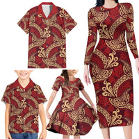 Luxury Red Monstera Family Matching Long Sleeve Bodycon Dress and Hawaiian Shirt Polynesian Tribal Pattern LT01 - Polynesian Pride