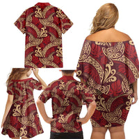 Luxury Red Monstera Family Matching Off Shoulder Short Dress and Hawaiian Shirt Polynesian Tribal Pattern LT01 - Polynesian Pride