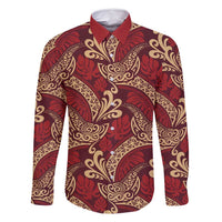Luxury Red Monstera Family Matching Off Shoulder Short Dress and Hawaiian Shirt Polynesian Tribal Pattern LT01 Dad's Shirt - Long Sleeve Red - Polynesian Pride