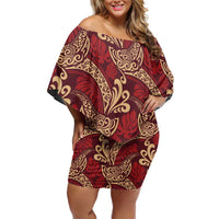 Luxury Red Monstera Family Matching Off Shoulder Short Dress and Hawaiian Shirt Polynesian Tribal Pattern LT01 Mom's Dress Red - Polynesian Pride