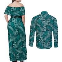 Teal Monstera Couples Matching Off Shoulder Maxi Dress and Long Sleeve Button Shirt Polynesian Tribal Pattern - Polynesian Pride