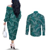 Teal Monstera Couples Matching Off The Shoulder Long Sleeve Dress and Long Sleeve Button Shirt Polynesian Tribal Pattern - Polynesian Pride