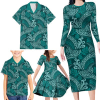Teal Monstera Family Matching Long Sleeve Bodycon Dress and Hawaiian Shirt Polynesian Tribal Pattern LT01 - Polynesian Pride