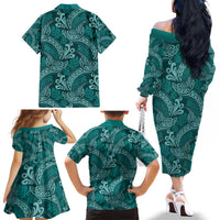 Teal Monstera Family Matching Off The Shoulder Long Sleeve Dress and Hawaiian Shirt Polynesian Tribal Pattern LT01 - Polynesian Pride