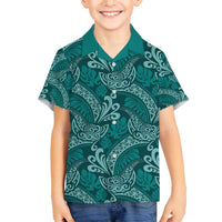 Teal Monstera Family Matching Off The Shoulder Long Sleeve Dress and Hawaiian Shirt Polynesian Tribal Pattern LT01 Son's Shirt Teal - Polynesian Pride