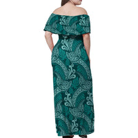 Teal Monstera Family Matching Off Shoulder Maxi Dress and Hawaiian Shirt Polynesian Tribal Pattern - Polynesian Pride