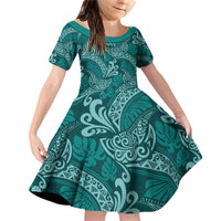 Teal Monstera Family Matching Off Shoulder Short Dress and Hawaiian Shirt Polynesian Tribal Pattern LT01 Daughter's Dress Teal - Polynesian Pride
