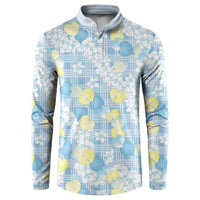 Anthurium Plumeria Lei Pastel Button Sweatshirt Blue Hawaiian Splendid Palaka LT01 Blue - Polynesian Pride