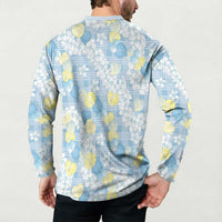 Anthurium Plumeria Lei Pastel Button Sweatshirt Blue Hawaiian Splendid Palaka LT01 - Polynesian Pride
