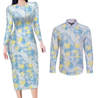 Anthurium Plumeria Lei Pastel Couples Matching Long Sleeve Bodycon Dress and Long Sleeve Button Shirt Blue Hawaiian Splendid Palaka LT01 Blue - Polynesian Pride