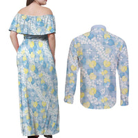 Anthurium Plumeria Lei Pastel Couples Matching Off Shoulder Maxi Dress and Long Sleeve Button Shirt Blue Hawaiian Splendid Palaka LT01 - Polynesian Pride