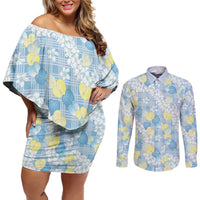 Anthurium Plumeria Lei Pastel Couples Matching Off Shoulder Short Dress and Long Sleeve Button Shirt Blue Hawaiian Splendid Palaka LT01 Blue - Polynesian Pride