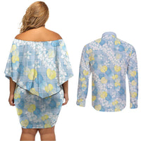 Anthurium Plumeria Lei Pastel Couples Matching Off Shoulder Short Dress and Long Sleeve Button Shirt Blue Hawaiian Splendid Palaka LT01 - Polynesian Pride