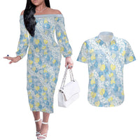 Anthurium Plumeria Lei Pastel Couples Matching Off The Shoulder Long Sleeve Dress and Hawaiian Shirt Blue Hawaiian Splendid Palaka LT01 Blue - Polynesian Pride
