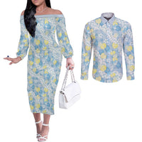 Anthurium Plumeria Lei Pastel Couples Matching Off The Shoulder Long Sleeve Dress and Long Sleeve Button Shirt Blue Hawaiian Splendid Palaka LT01 Blue - Polynesian Pride