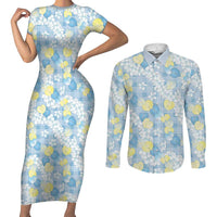 Anthurium Plumeria Lei Pastel Couples Matching Short Sleeve Bodycon Dress and Long Sleeve Button Shirt Blue Hawaiian Splendid Palaka LT01 Blue - Polynesian Pride