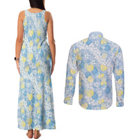 Anthurium Plumeria Lei Pastel Couples Matching Tank Maxi Dress and Long Sleeve Button Shirt Blue Hawaiian Splendid Palaka LT01 - Polynesian Pride